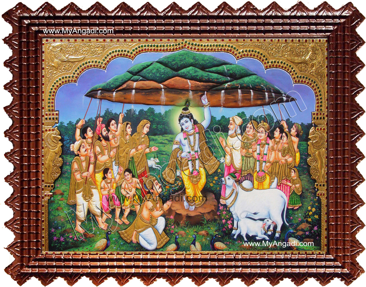 Krishna lifting Govardhana Hill Tanjore Painting