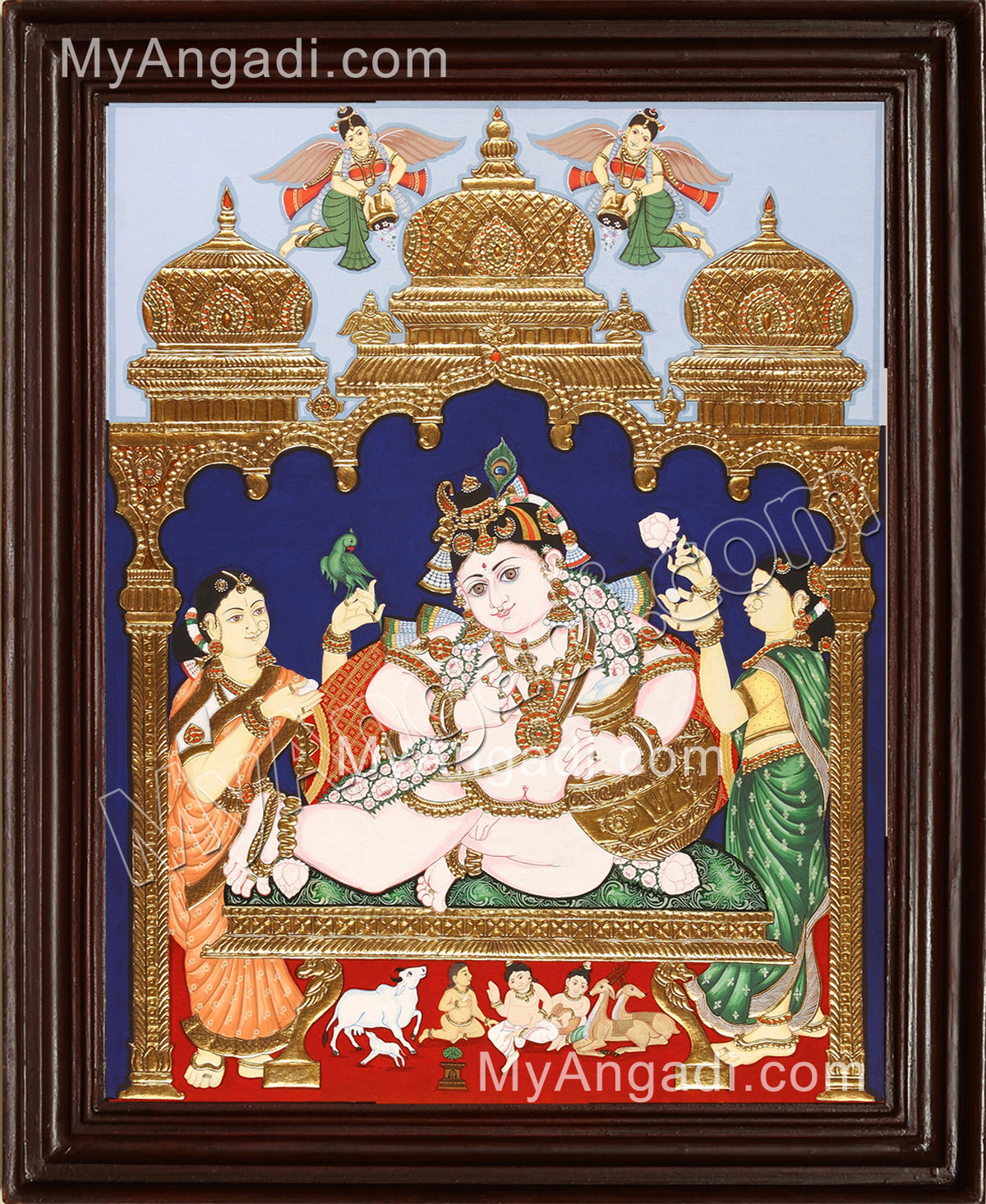 Krishna with Bama and Rukmani Tanjore Painting