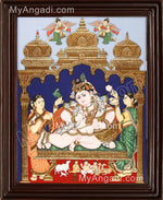 Krishna with Bama and Rukmani Tanjore Painting