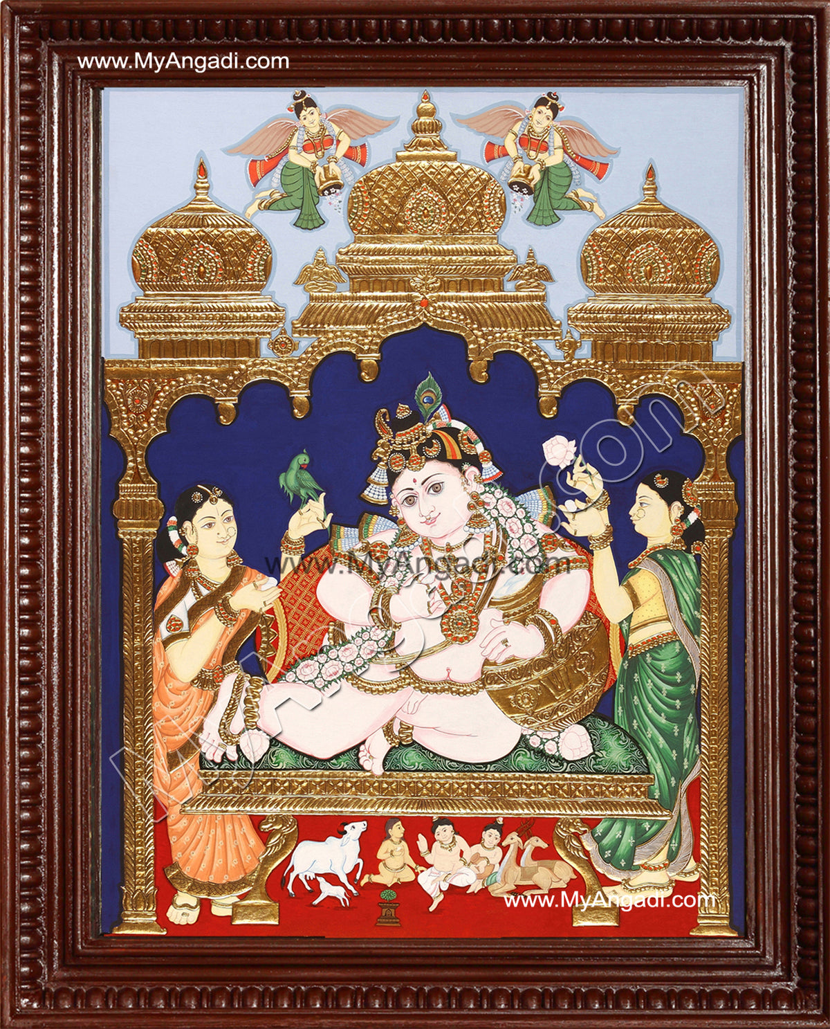 Krishna with Bama and Rukmani Tanjore Painting