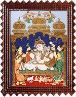 Krishna with Bama and Rukmani Tanjore Painting