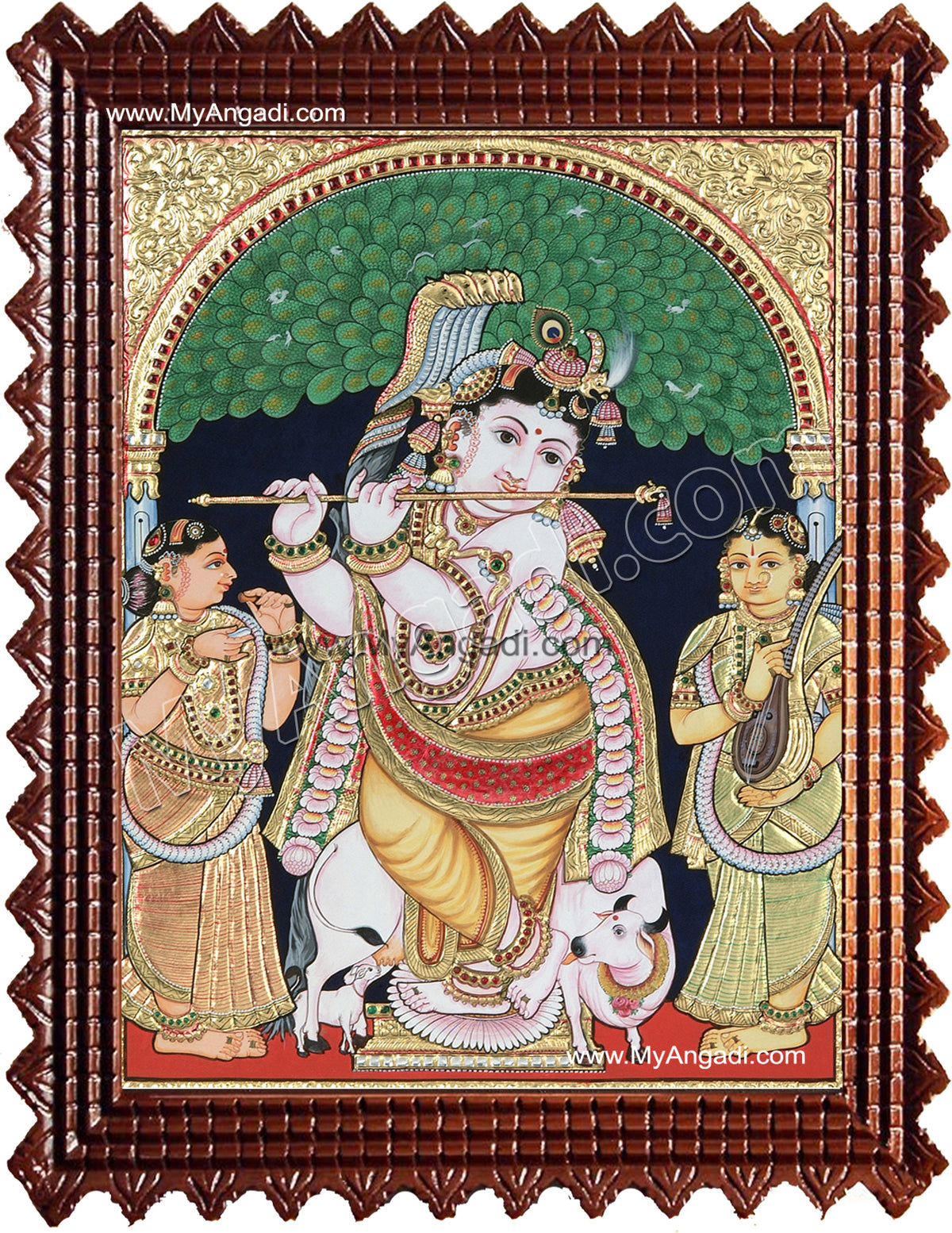 Krishna with Bama and Rukmani Tanjore Painting