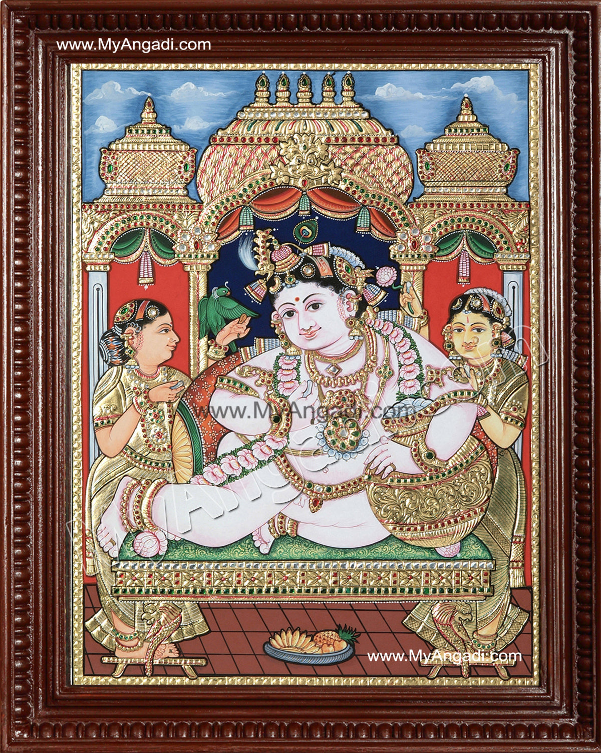 Krishna with Bama and Rukmani Tanjore Painting
