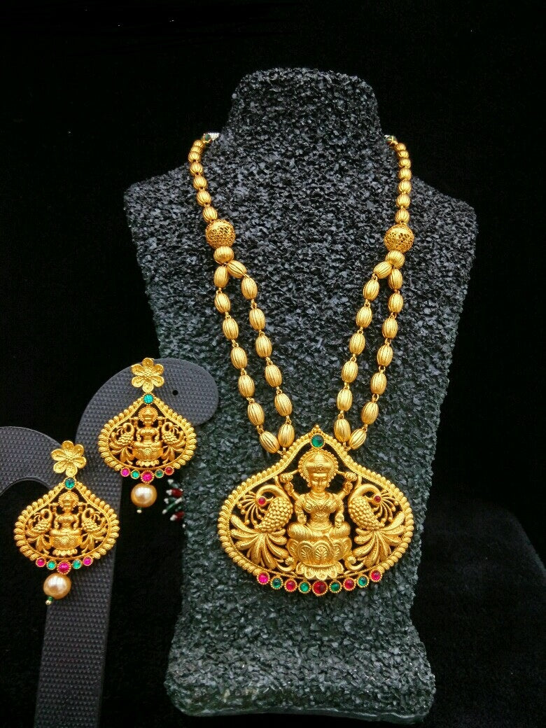 Temple Jewellery - Necklace with Earring -Red and Green Kundan Stone