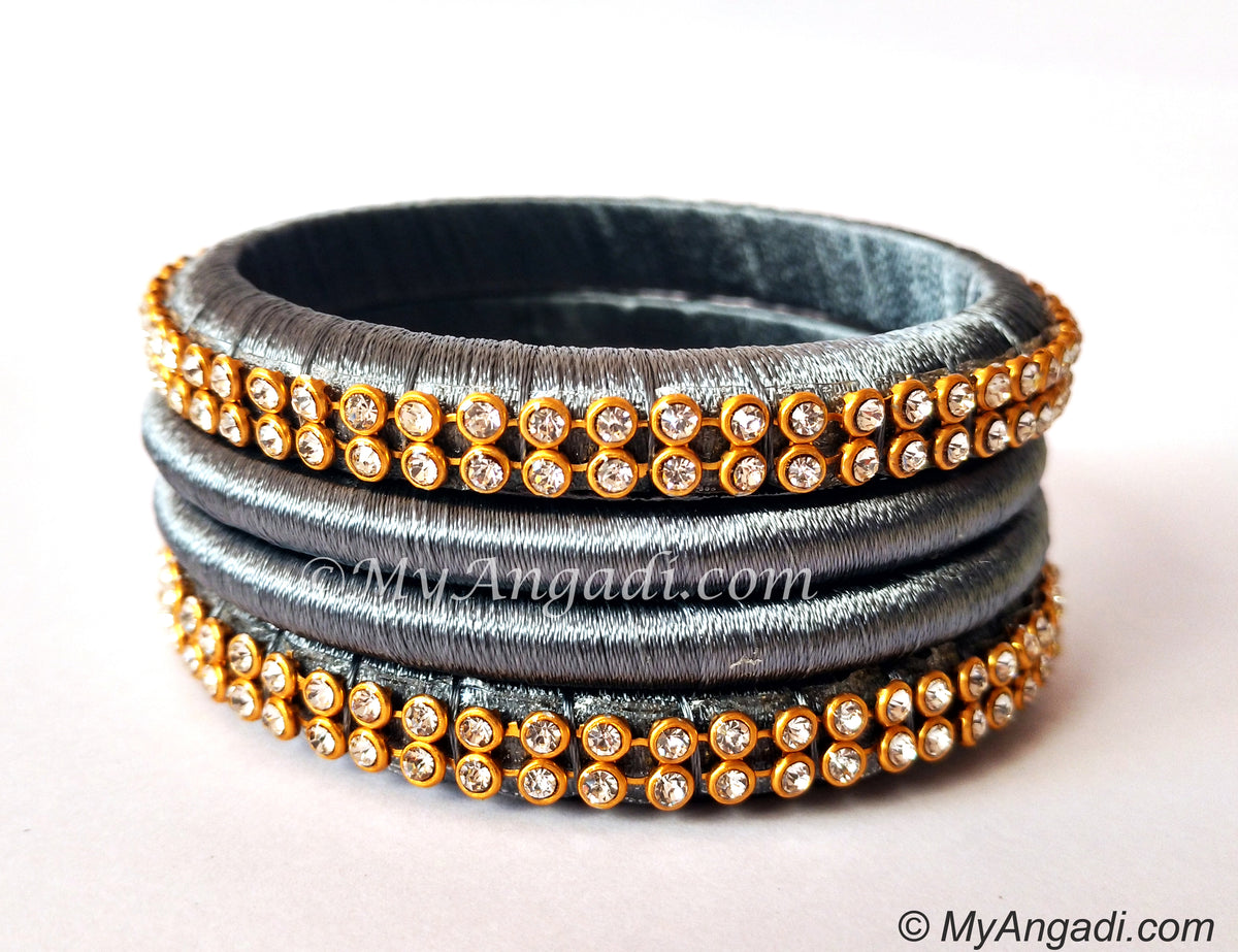 Grey Colour Silk Thread Bangles-4 Set