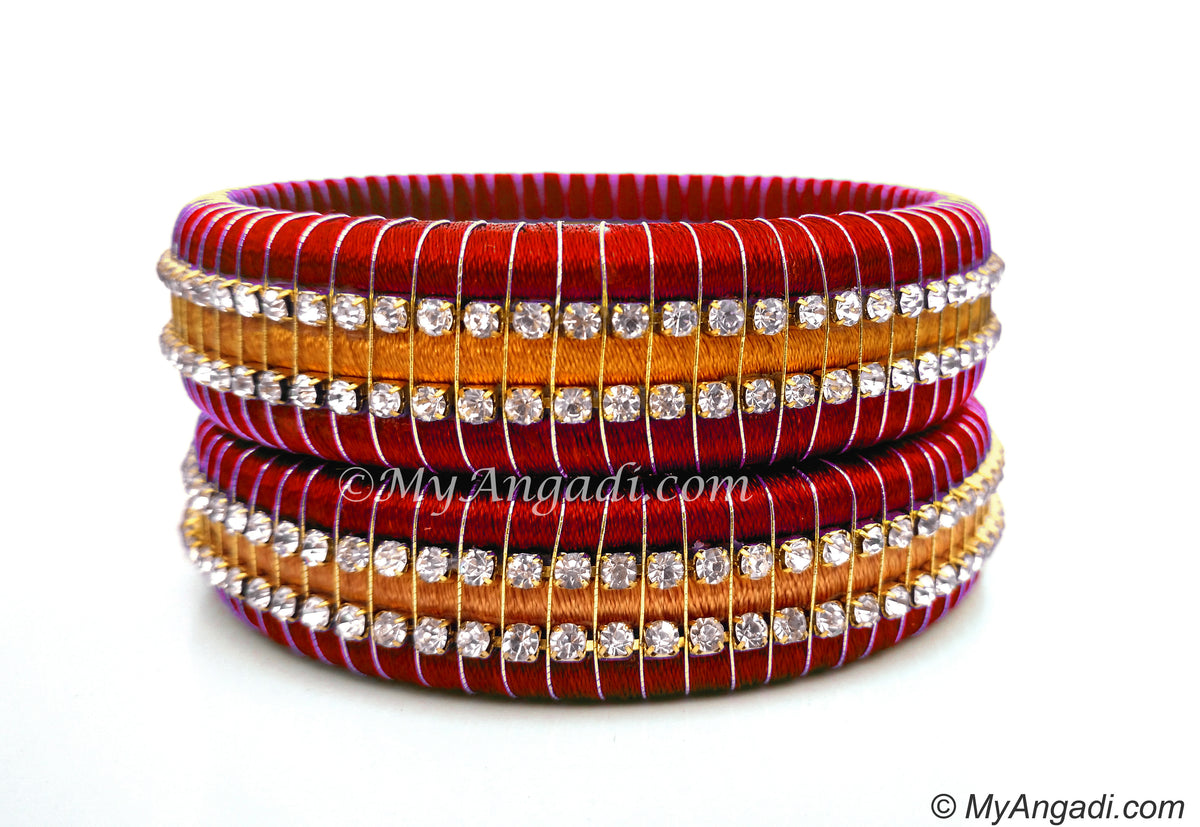 Red Colour Silk Thread Bangles-Triple Set