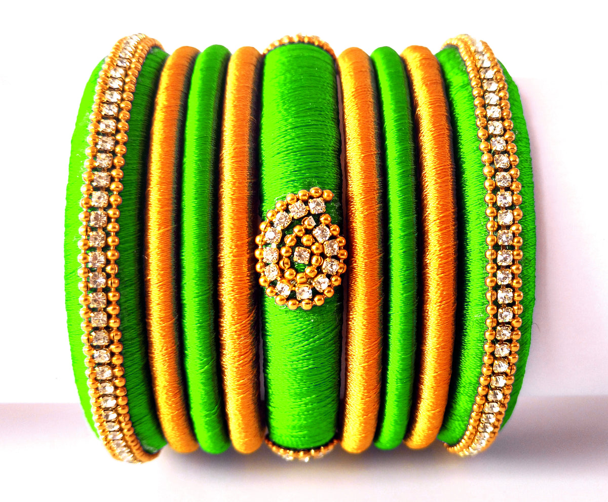 Lime Green Grand Wedding Silk Thread Bangle Set with Jhumka Earrings
