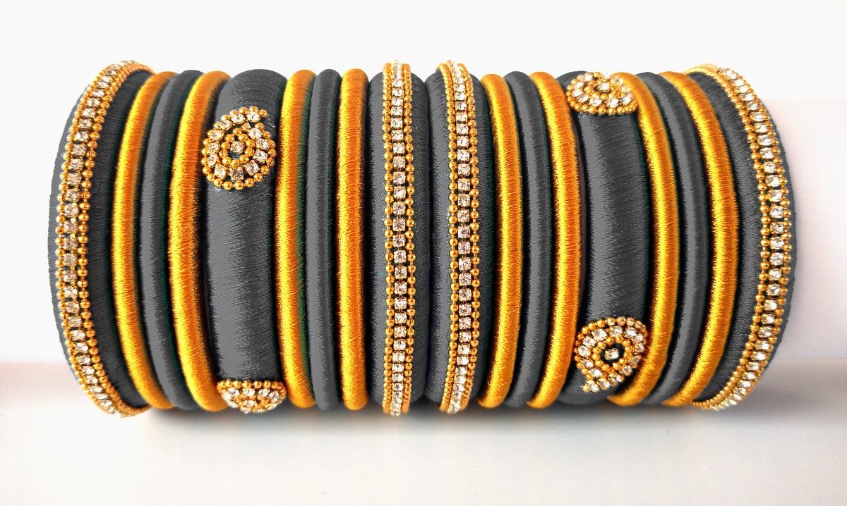 Grey Grand Wedding Silk Thread Bangle Set with Jhumka Earrings