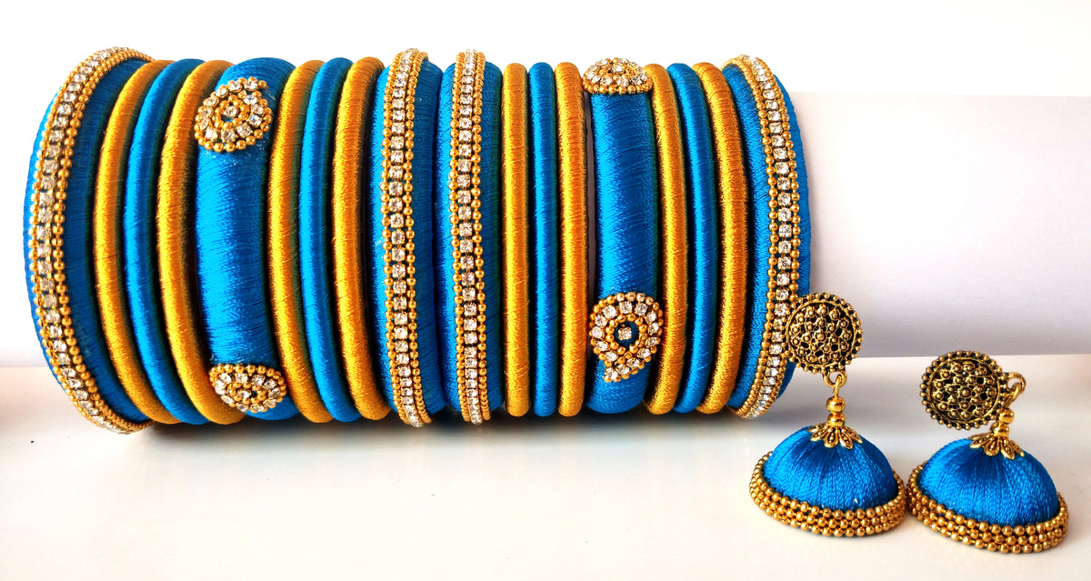 Blue Grand Wedding Silk Thread Bangle Set with Jhumka Earrings