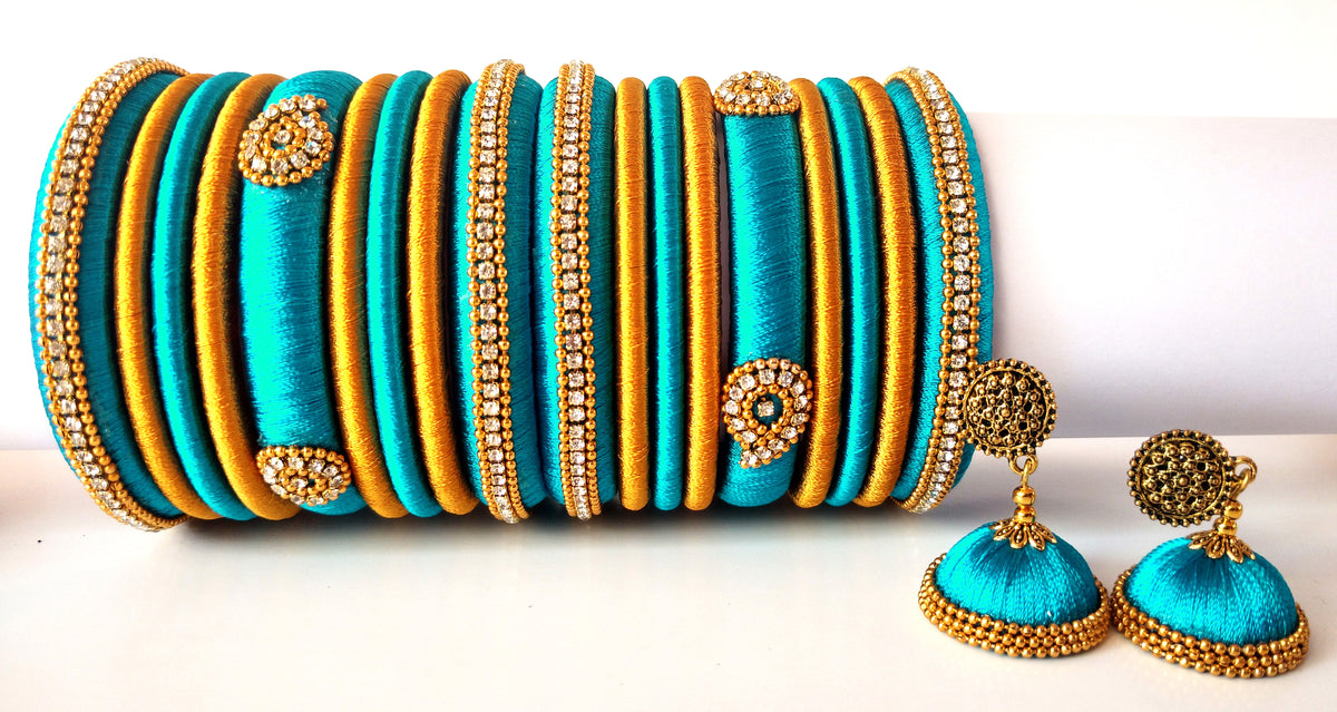 Turquoise Blue Grand Wedding Silk Thread Bangle Set with Jhumka Earrings