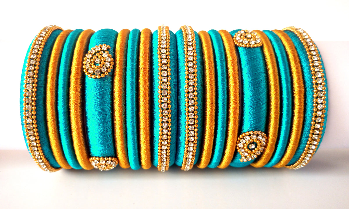 Turquoise Blue Grand Wedding Silk Thread Bangle Set with Jhumka Earrings
