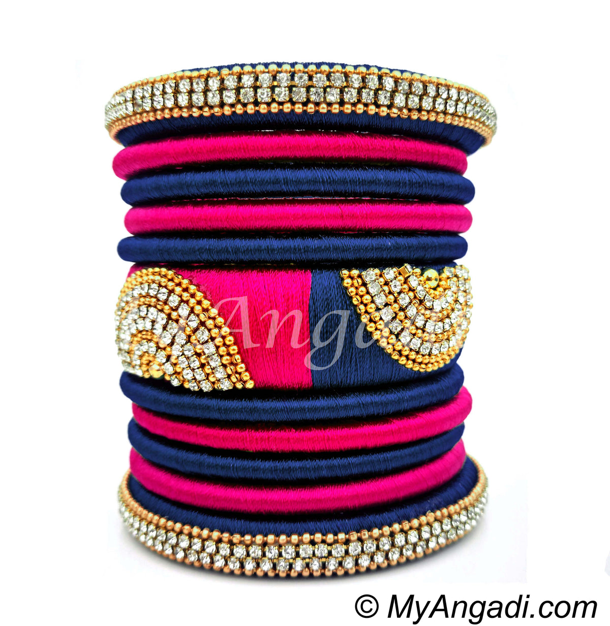 Dark Blue - Pink Colour Grand Kada Bridal Silk Thread Bangle Set