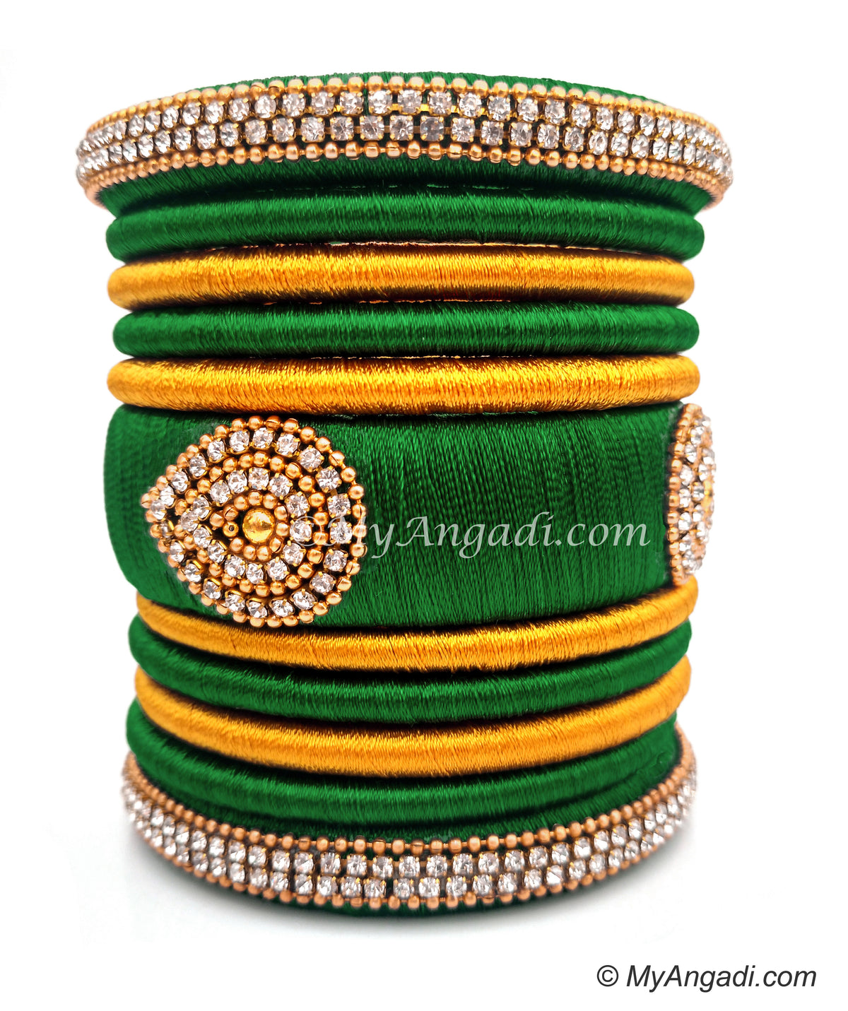 Dark Green with Gold Combination Grand Kada Bridal Silk Thread Bangle Set