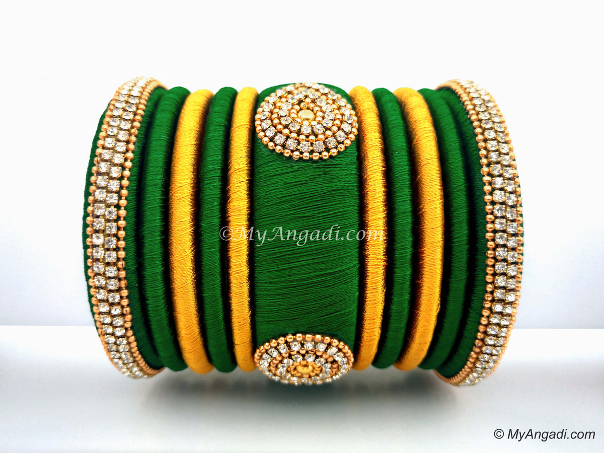 Dark Green with Gold Combination Grand Kada Bridal Silk Thread Bangle Set