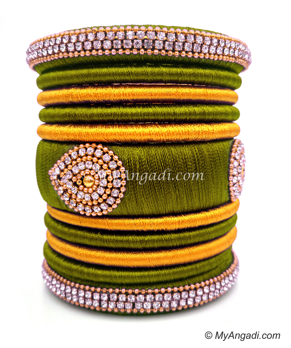 Olive Green with Gold Combination Grand Kada Bridal Silk Thread Bangle Set