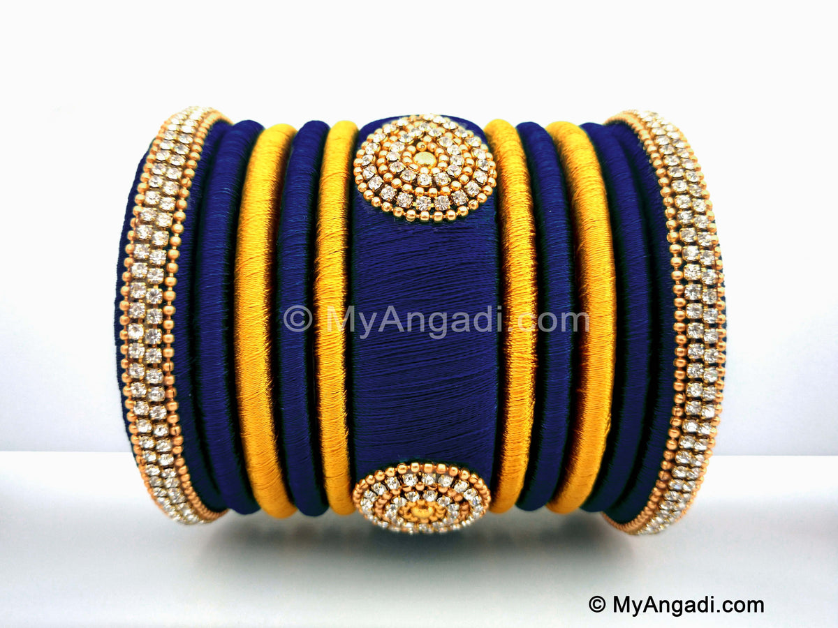 Dark Blue with Gold Combination Grand Kada Bridal Silk Thread Bangle Set