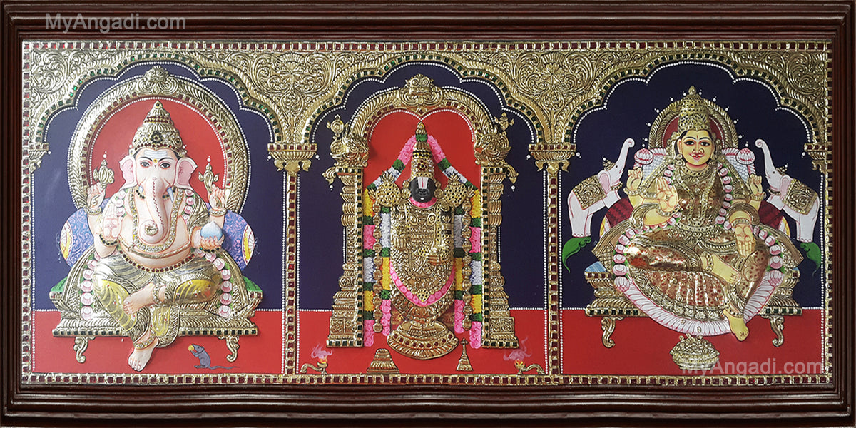 Ganesha Thirupathi Balaji Lakshmi Double Emboss Tanjore Painting