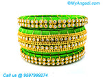 Lime Green Silk Thread Bangles with Gold Jari