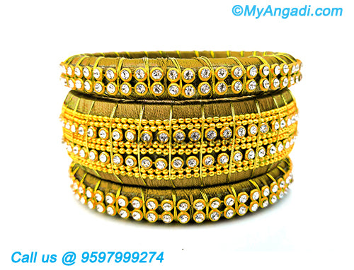 Olive Green Colour Silk Thread Bangles with Gold Jari
