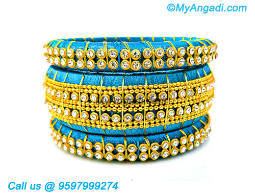 Blue Colour Silk Thread Bangles with Gold Jari