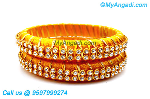 Yellow Colour Silk Thread Bangles with Gold Jari