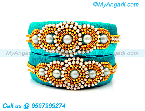 Turquoise Blue Colour Silk Thread Bangles with Pearl