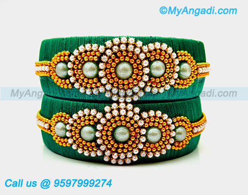 Teal Green Colour Silk Thread Bangles with Pearl
