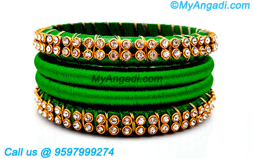 Green Colour Silk Thread Bangles with Gold Jari