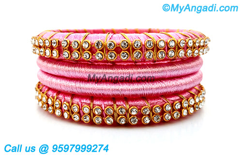 Rose Colour Silk Thread Bangles with Gold Jari