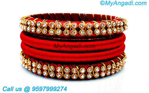 Red Colour Silk Thread Bangles with Gold Jari