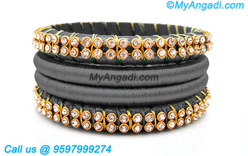 Grey Colour Silk Thread Bangles with Gold Jari