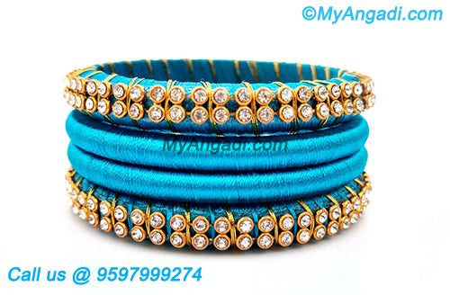 Blue Colour Silk Thread Bangles with Gold Jari