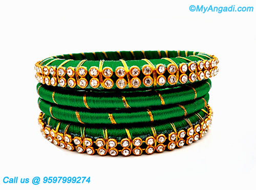 Dark Green Silk Thread Bangles with Gold Jari