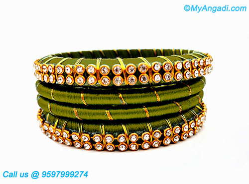 Olive Green Colour Silk Thread Bangles with Gold Jari