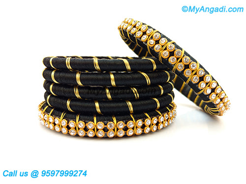 Black colour Silk Thread Bangles with Gold Jari