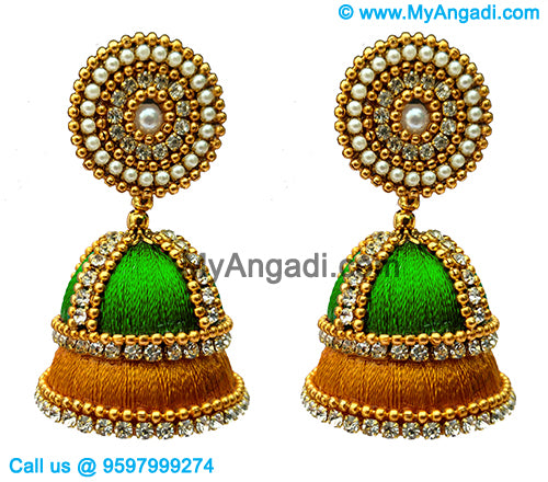 Lime Green - Golden Combination Silk Thread Jhumukka Earrings