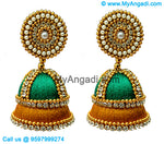 Teal Green Colour - Golden Combination Silk Thread Jhumukka Earrings