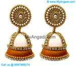 White Colour - Golden Combination Silk Thread Jhumukka Earrings