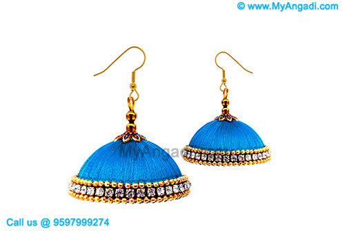 Blue Colour Silk Thread Jhumukka Earrings