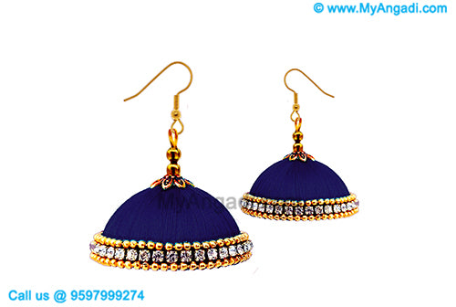 Dark Blue Colour Silk Thread Jhumukka Earrings