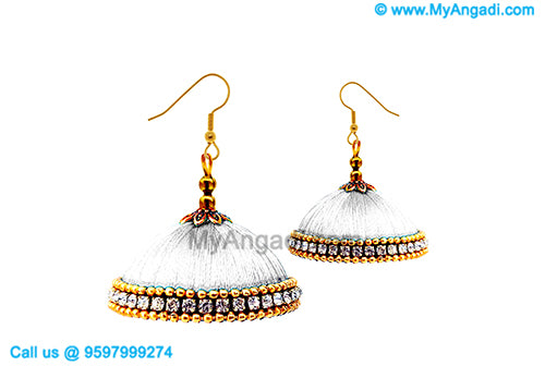 White Colour Silk Thread Jhumukka Earrings