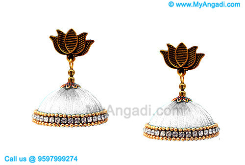 White Colour Silk Thread Jhumukka Earrings