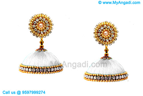 White Colour Silk Thread Jhumukka Earrings