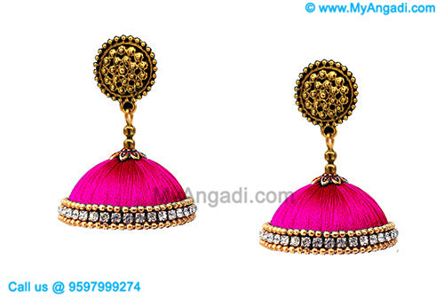 Pink Colour Silk Thread Jhumukka Earrings