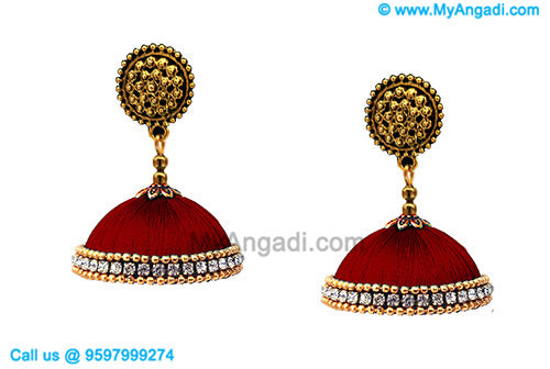 Maroon Colour Silk Thread Jhumukka Earrings