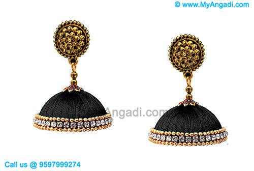 Black Colour Silk Thread Jhumukka Earrings