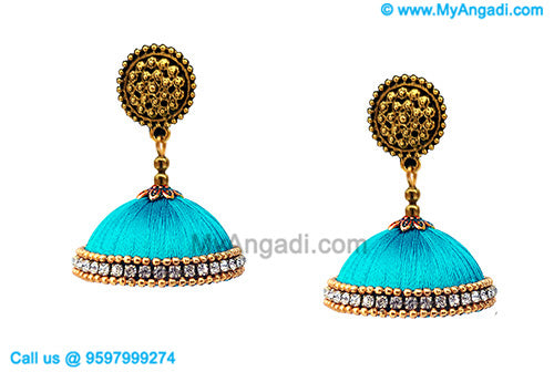 Turquoise Blue Colour Silk Thread Jhumukka Earrings