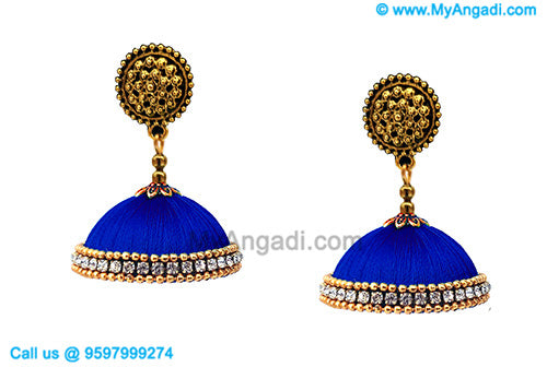 Royal Blue Colour Silk Thread Jhumukka Earrings
