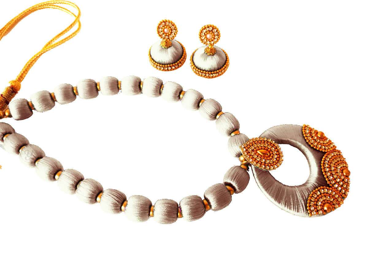 Youth White Silk Thread Necklace with Grand Pendant and Earrings