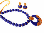 Youth Dark Blue Silk Thread Necklace with Grand Pendant and Earrings